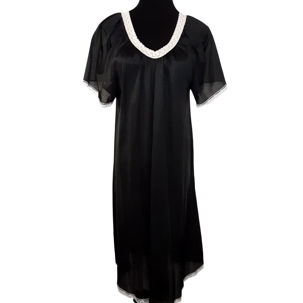 Vintage 80s Satin Lace Nightgown House Dress V Neck Sleep Dress Nightie OS Black